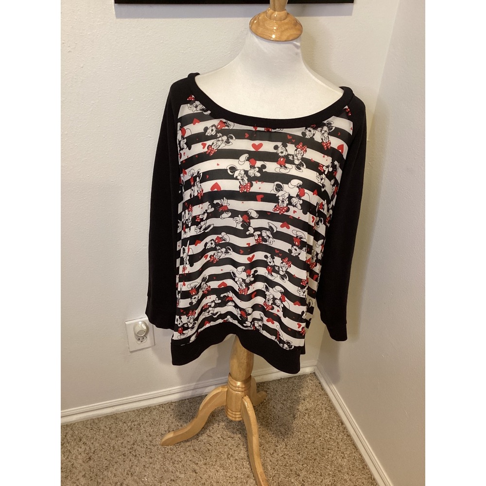 Disney Minnie Mouse Black Stripe Sheer Panel Button Back Top Women's